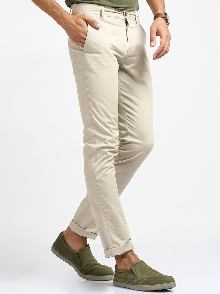 Cream Slim Fit Cotton Trouser For Men's