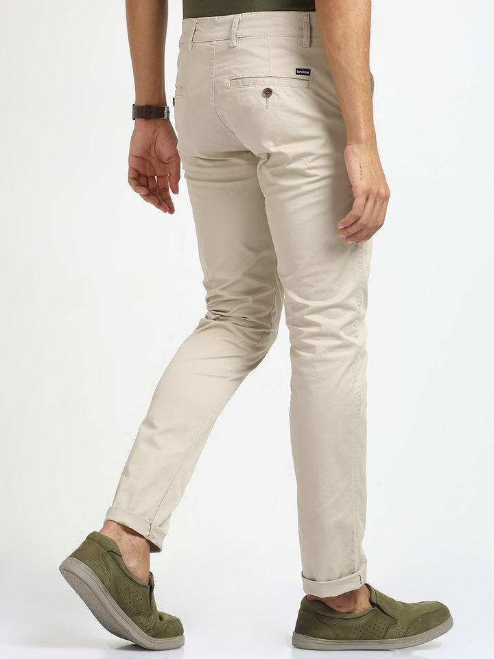 Cream Slim Fit Cotton Trouser For Men's