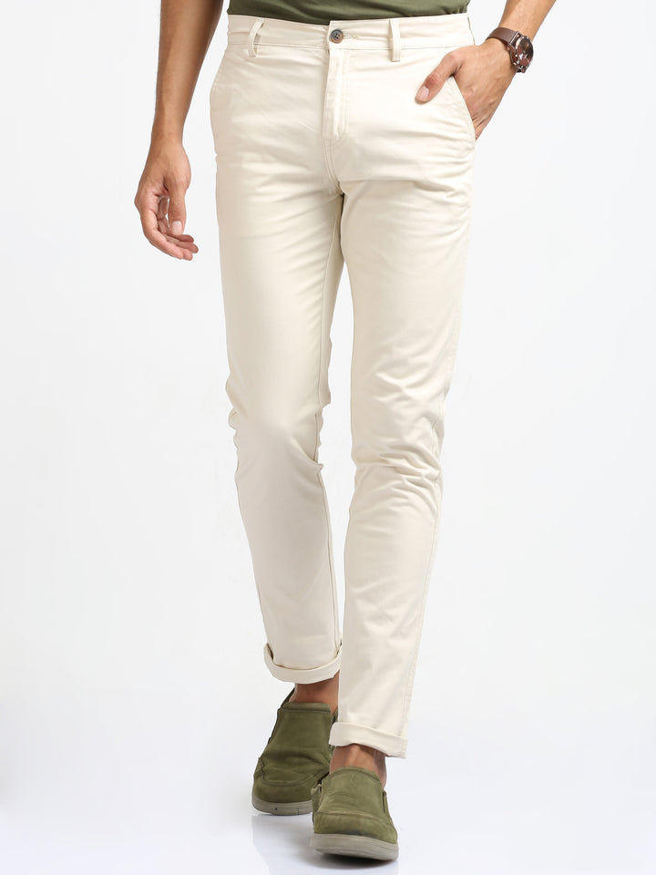 Casual Light Cream Slim Fit Cotton Trouser For Men's