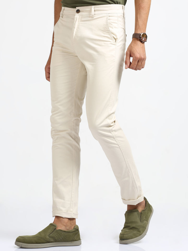 Light Cream Slim Fit Cotton Trouser For Men's