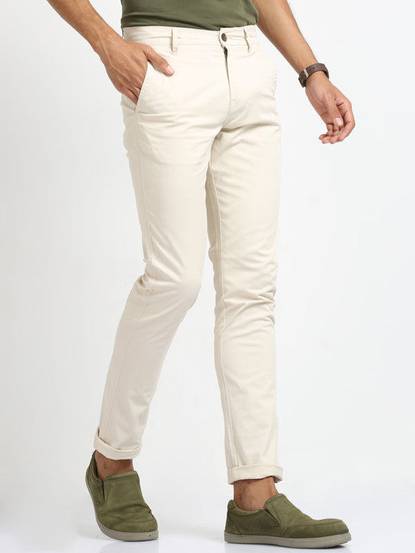 Men's Light Cream Slim Fit Cotton Trouser