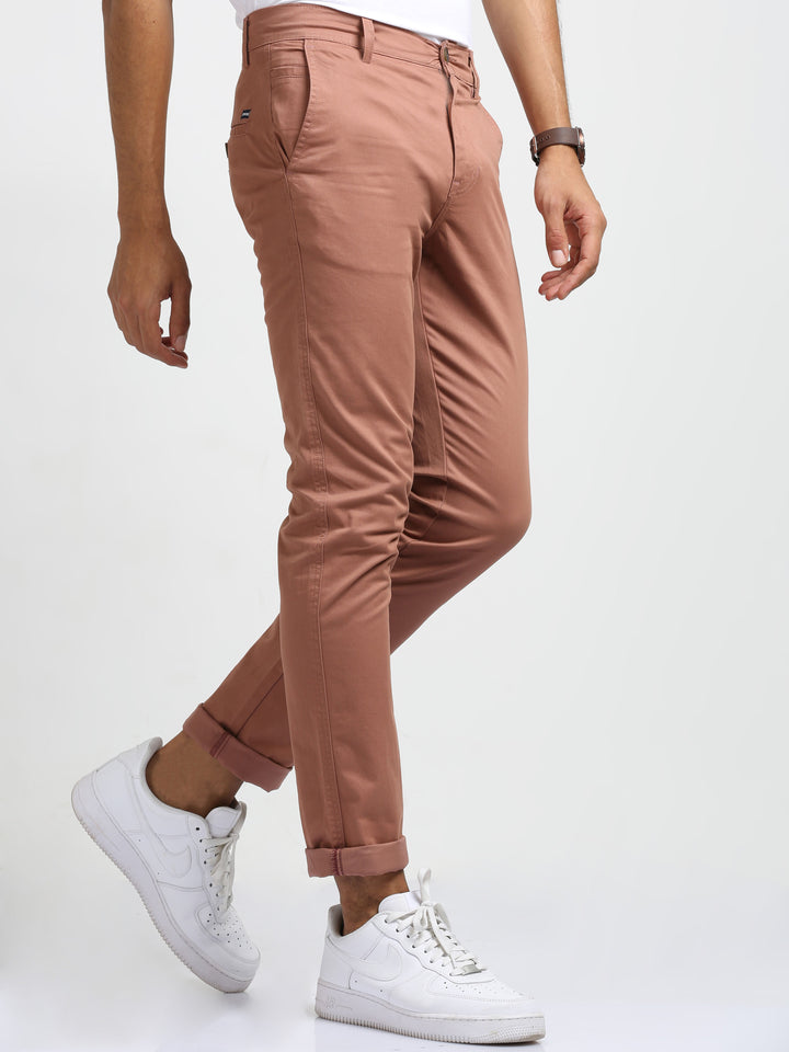 Men's Light Red Slim Fit Cotton Trouser