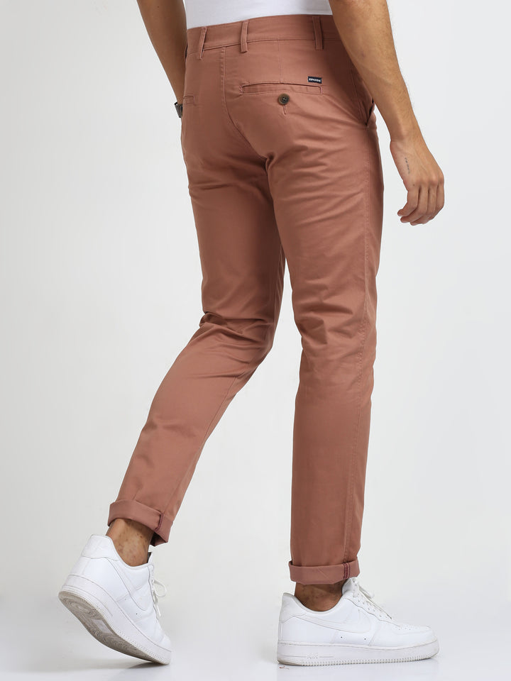 Casual Light Red Slim Fit Cotton Trouser For Men's