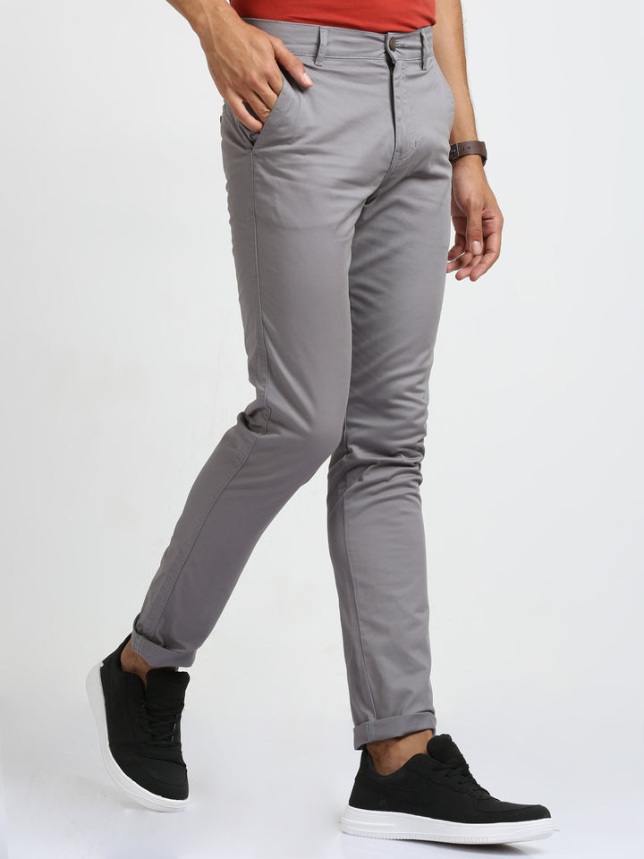 Casual Grey Slim Fit Cotton Trouser For Men's