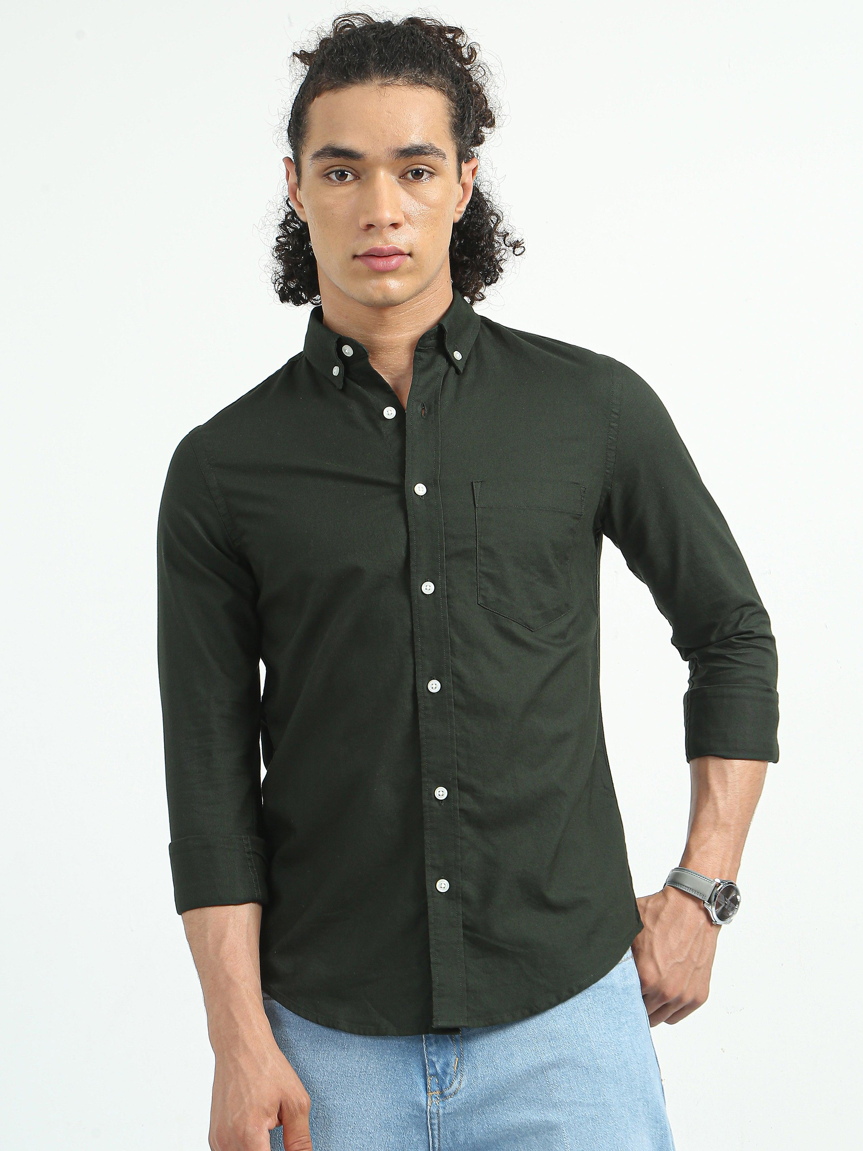 Classy Oxford Full Sleeve Shirt - Dark Green - Espanshe