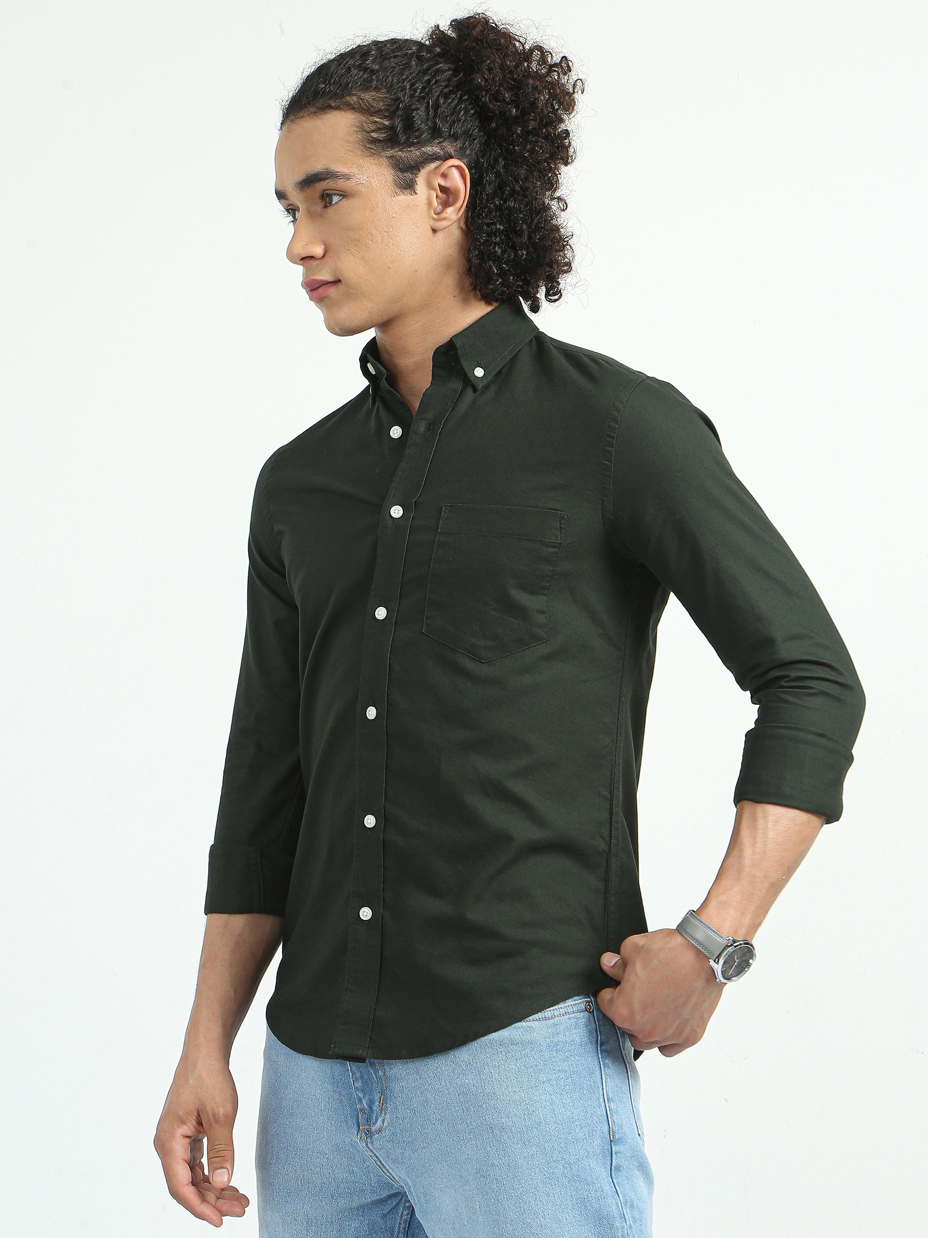 Classy Oxford Full Sleeve Shirt - Dark Green - Espanshe