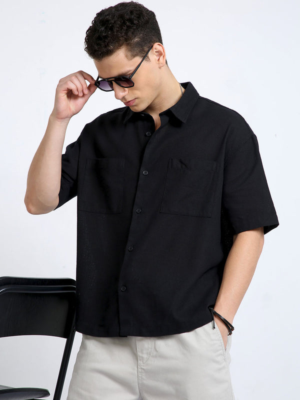Men  Baggy Fit Black Half Sleeve Plain Shirt