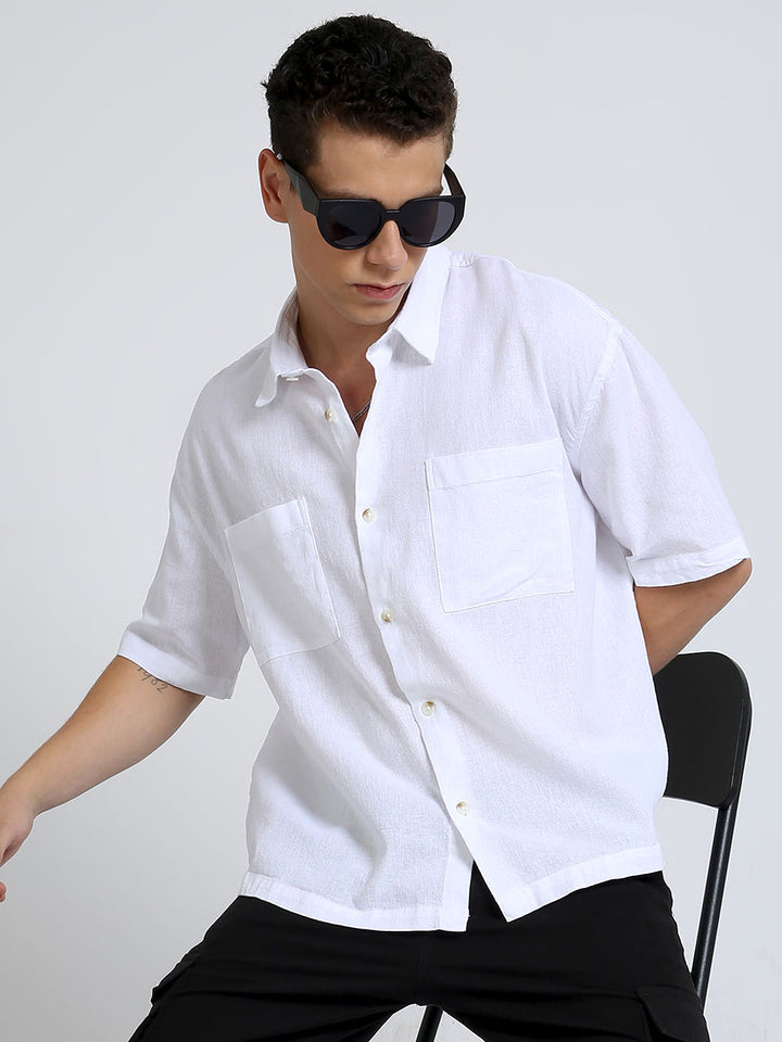 Men Baggy Fit White Half Sleeve Plain Shirt