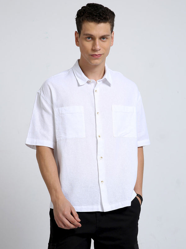 Men Baggy Fit White Half Sleeve Plain Shirt