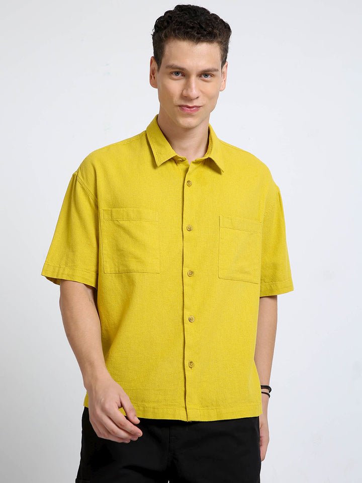 Men Baggy Fit Golden Yellow Half Sleeve Plain Shirt