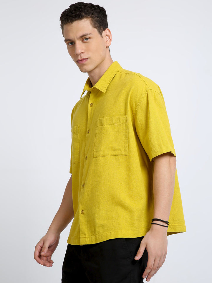 Baggy Fit Golden Yellow Half Sleeve Plain Shirt For Men