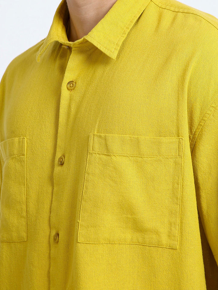 Baggy Fit Golden Yellow Half Sleeve Plain Shirt For Men
