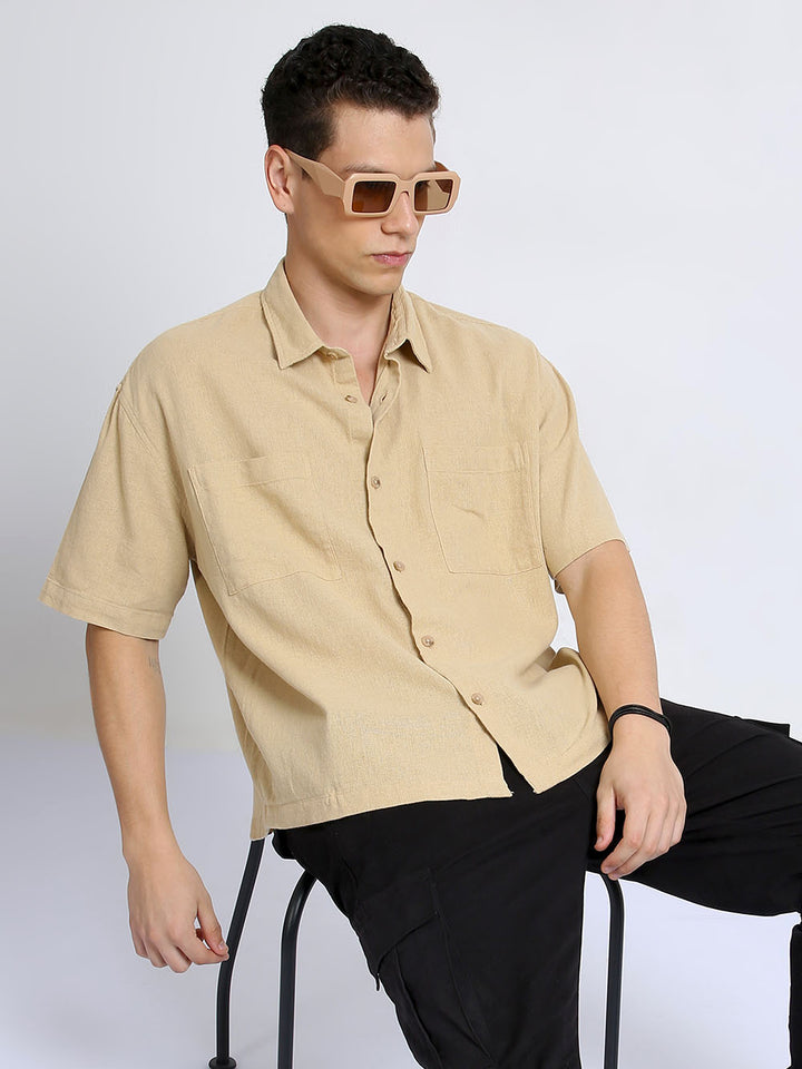 Baggy Fit Peach Half Sleeve Plain Shirt For Men