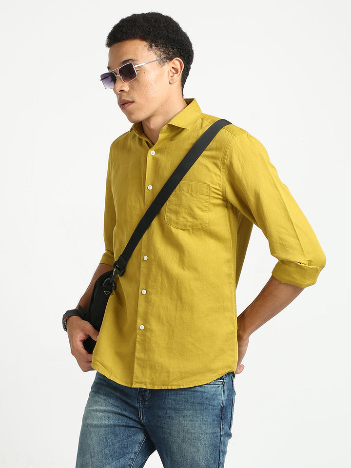 Men's Golden Yellow Linen Plain Shirt
