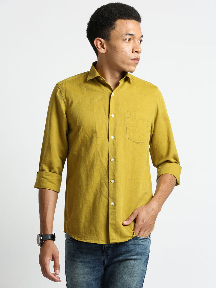 Men's Golden Yellow Linen Plain Shirt