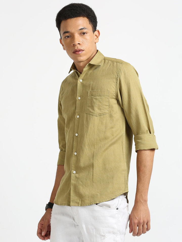 Men's Flax Green Linen Plain Shirt