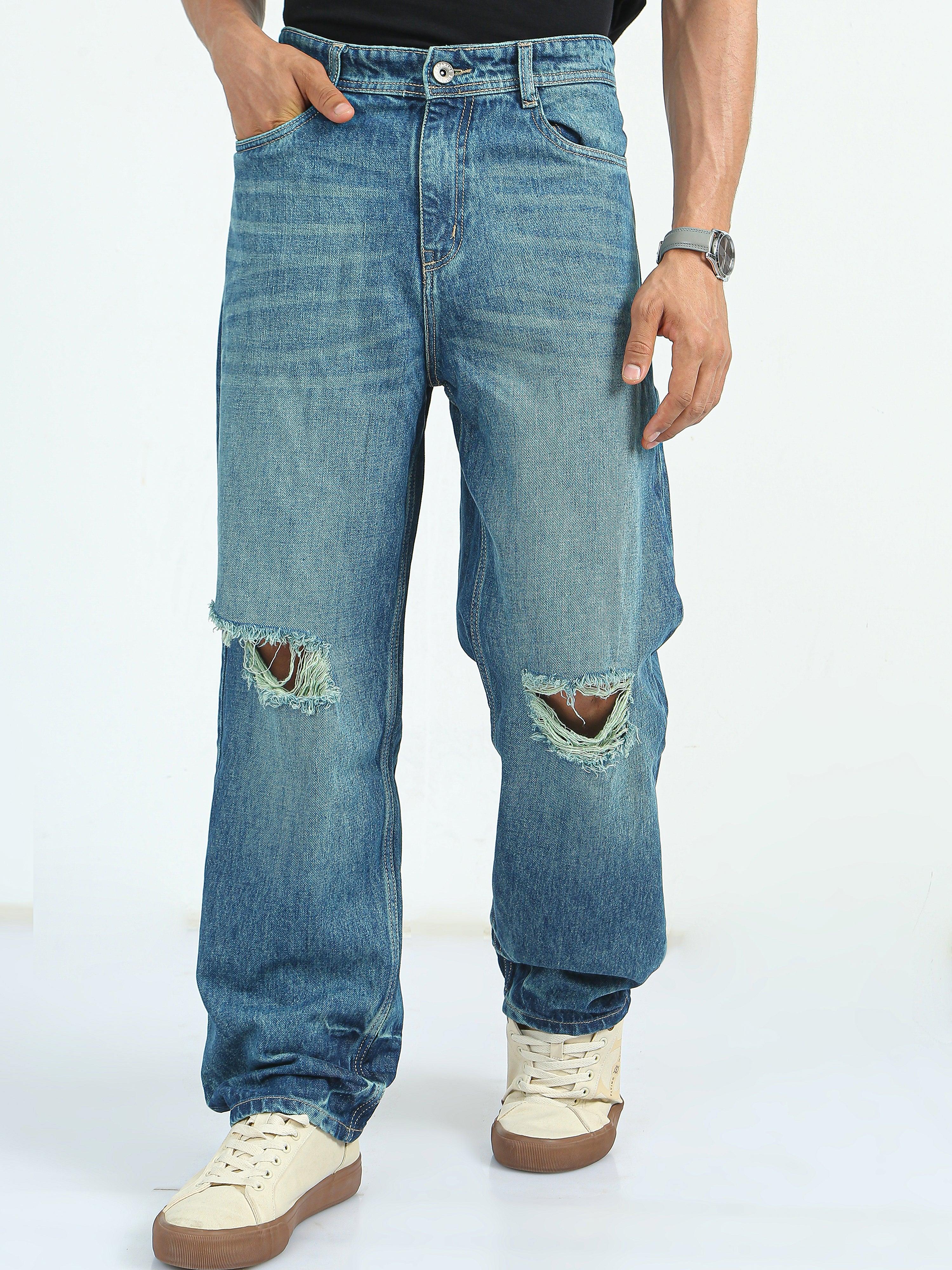 distressed jean with relaxed fit
ripped jeans for men
patched jean for men