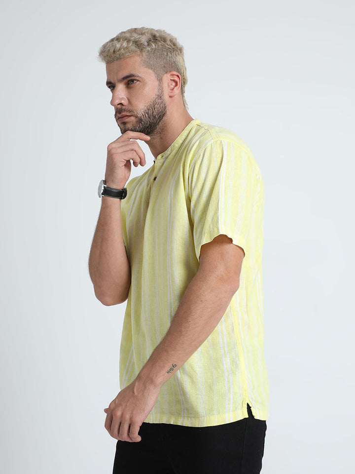 Casual Yellow Striped Short Kurta For Men's