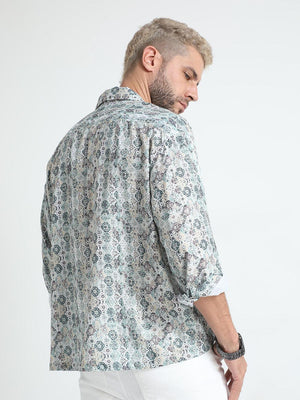 Men Oversized Cuban Collar Pale Slate Shirt - Espanshe