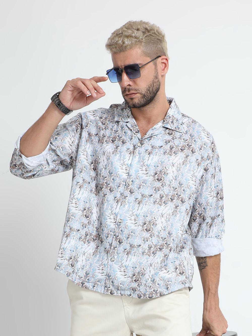 Men Oversized Cuban Collar Lavender Gray Shirt - Espanshe