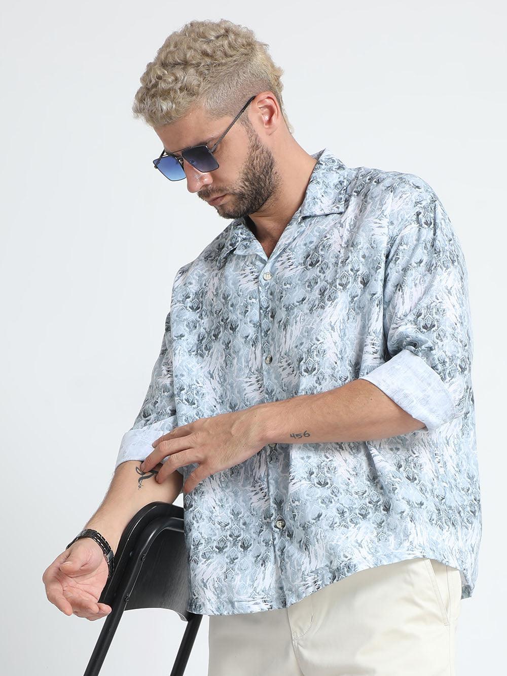 Men Oversized Cuban Collar Hit Gray Shirt - Espanshe