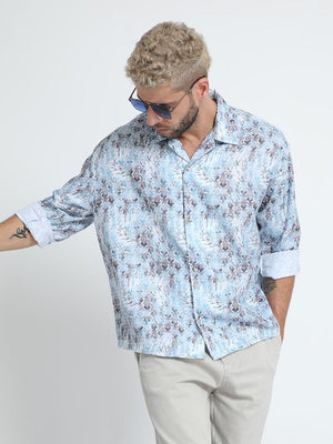 Men Oversized Cuban Collar Regent St Blue Shirt - Espanshe