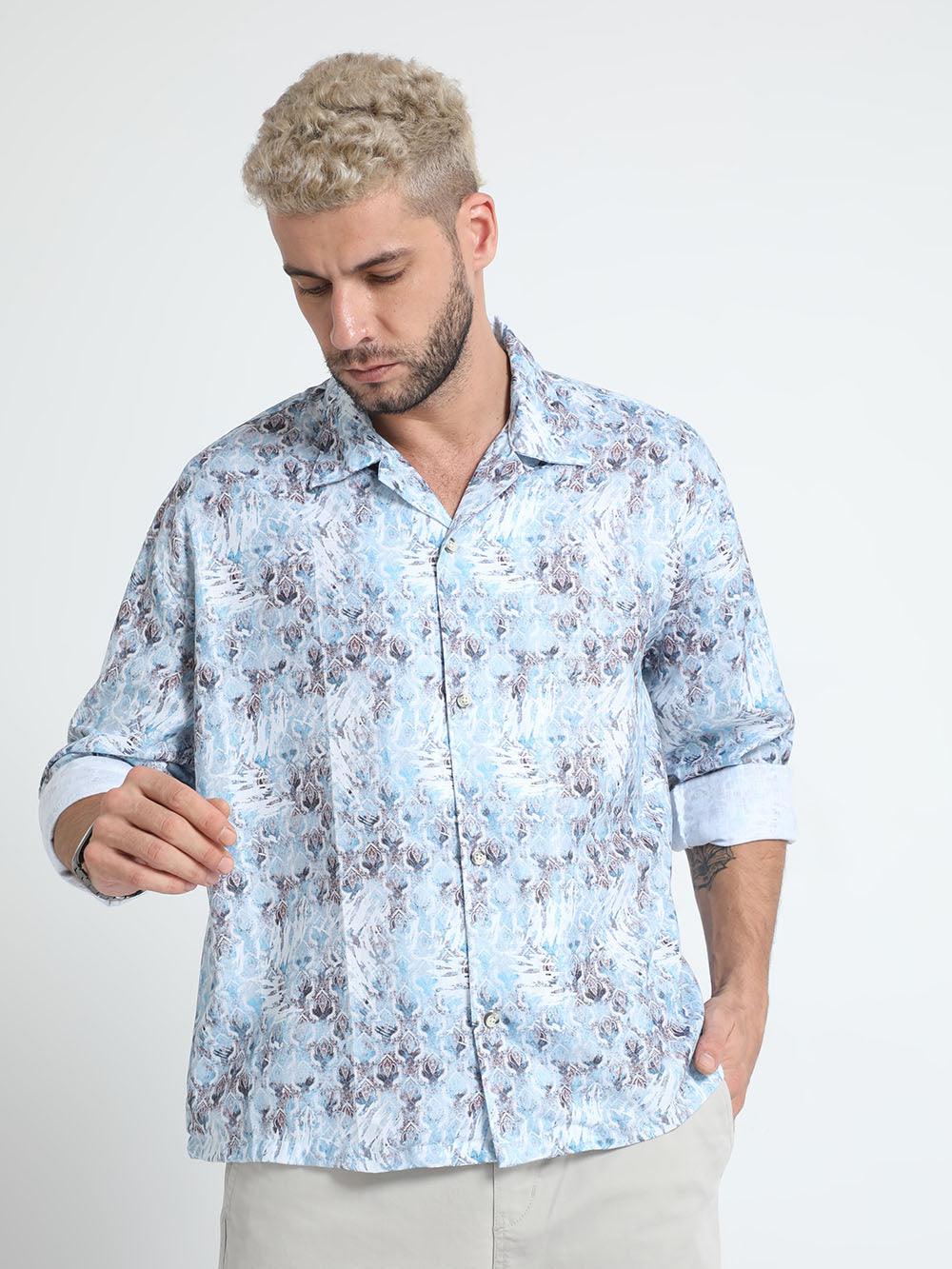 Men Oversized Cuban Collar Regent St Blue Shirt - Espanshe