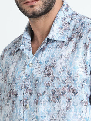 Men Oversized Cuban Collar Regent St Blue Shirt - Espanshe