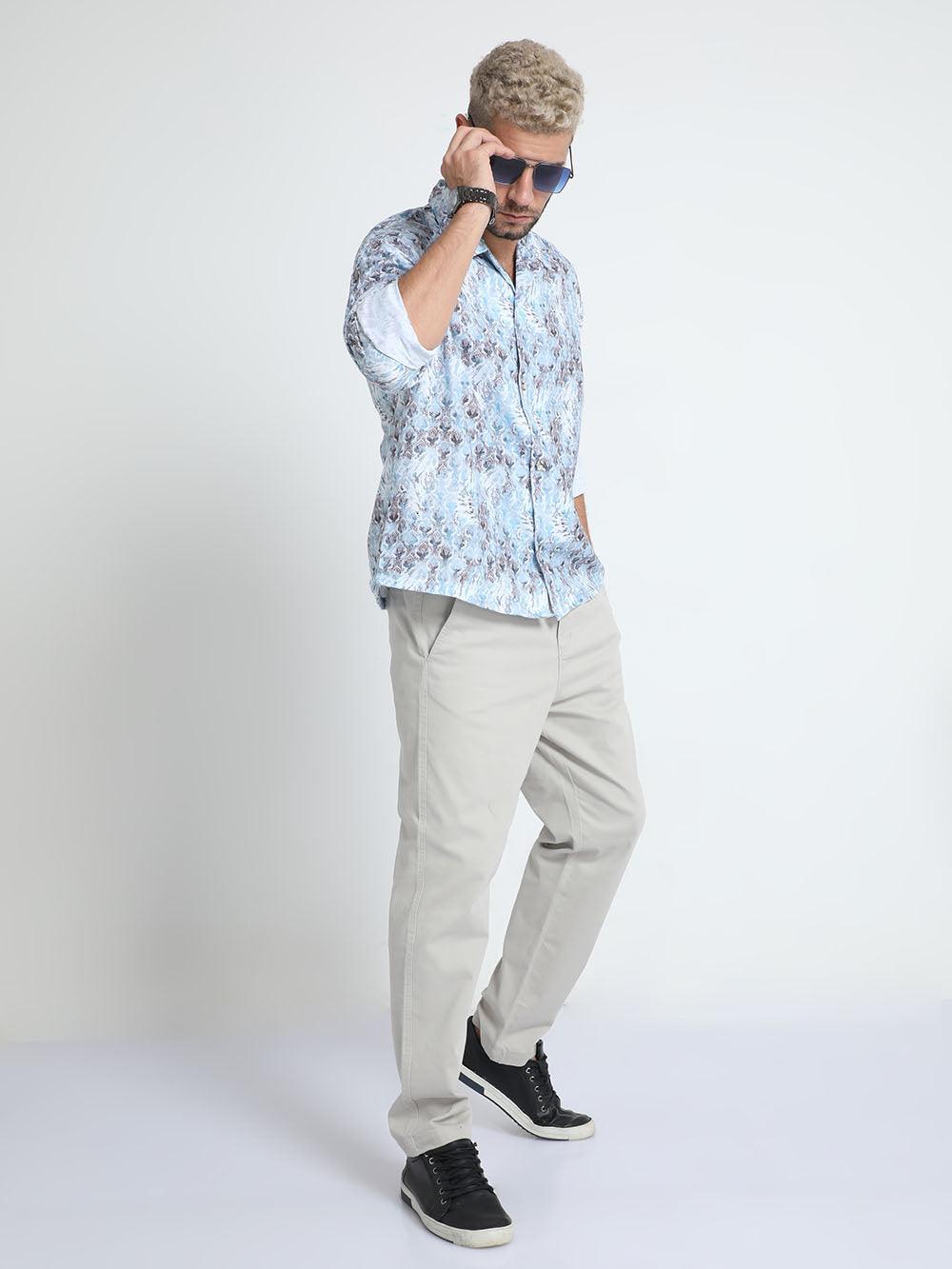 Men Oversized Cuban Collar Regent St Blue Shirt - Espanshe