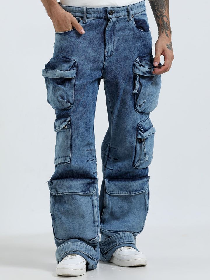 Kola Baggy 10 Pocket Cargo Jeans- Blue - Main Image