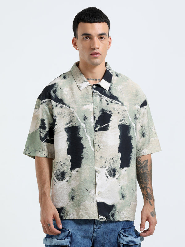 Whisp Cropped Baggy Abstract printed Shirt - Light Sea Green - Espanshe