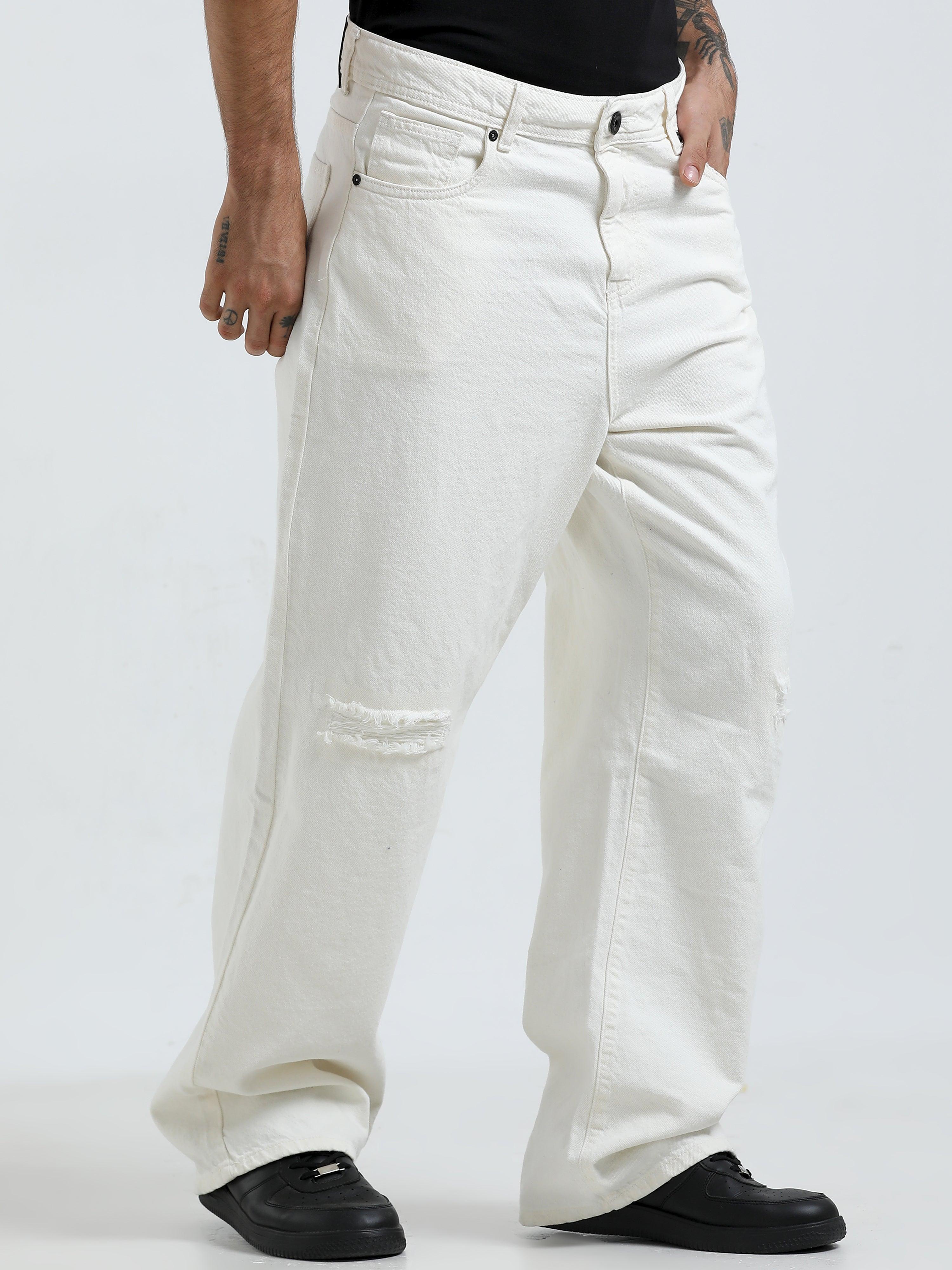  loose fit jean with patches and distress
Loose fit pants for men
patched pants or men