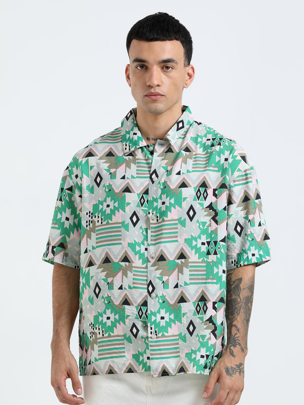 Whisp Cropped Baggy Geometric Printed Shirt - Green - Espanshe