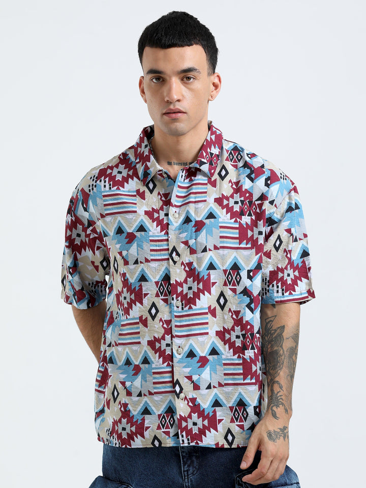 Whisp Cropped Baggy Geometric Printed Shirt - Maroon - Espanshe