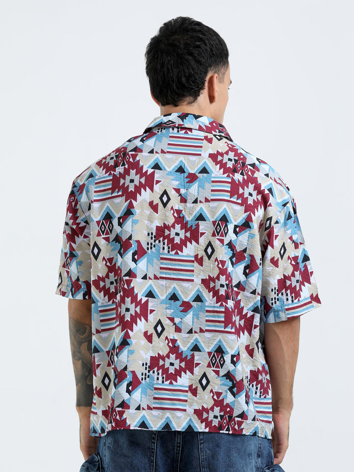 Whisp Cropped Baggy Geometric Printed Shirt - Maroon - Espanshe