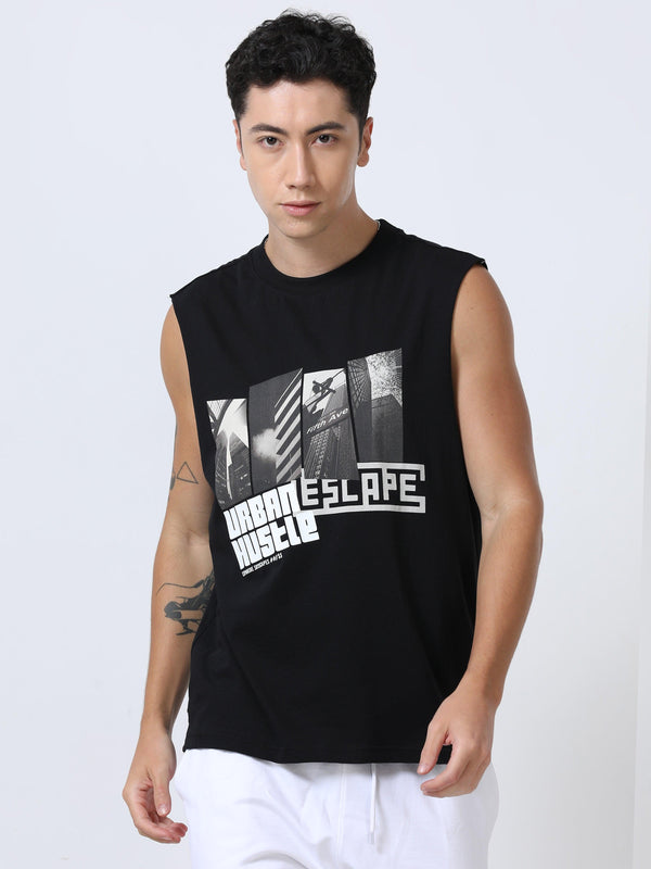 Escape Printed Sleeveless T-Shirt Black - Espanshe