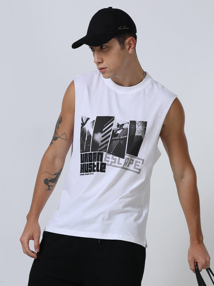 Escape Printed Sleeveless T-Shirt White - Espanshe