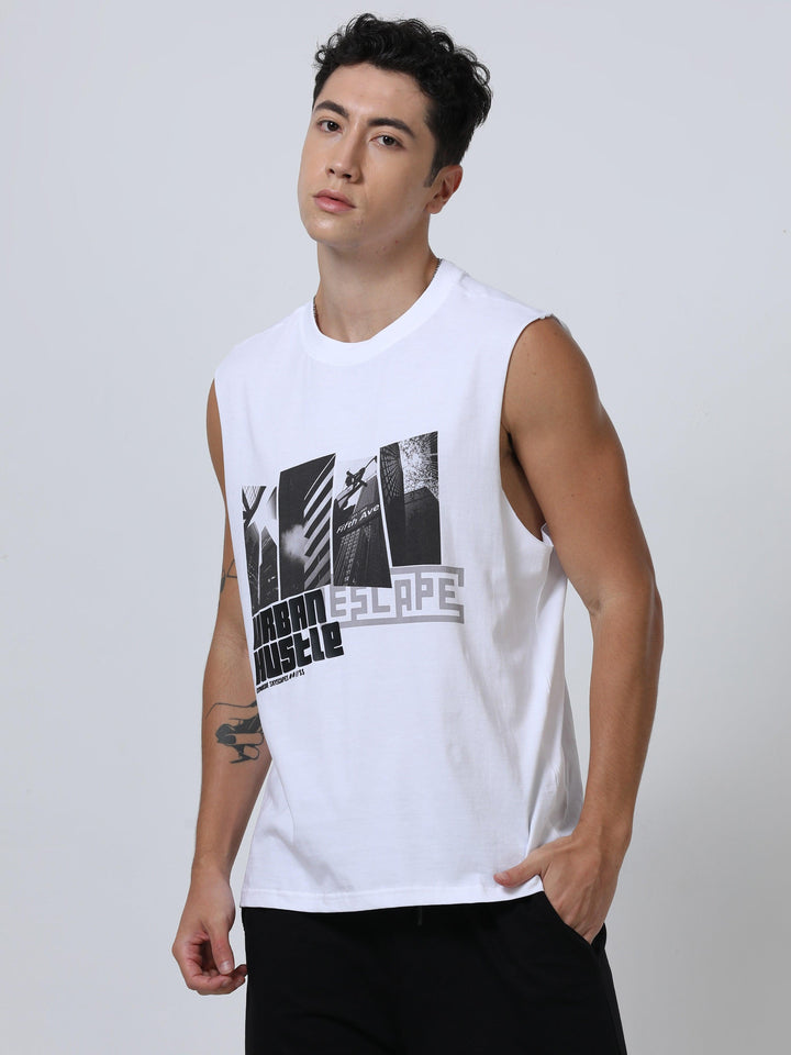 Escape Printed Sleeveless T-Shirt White - Espanshe