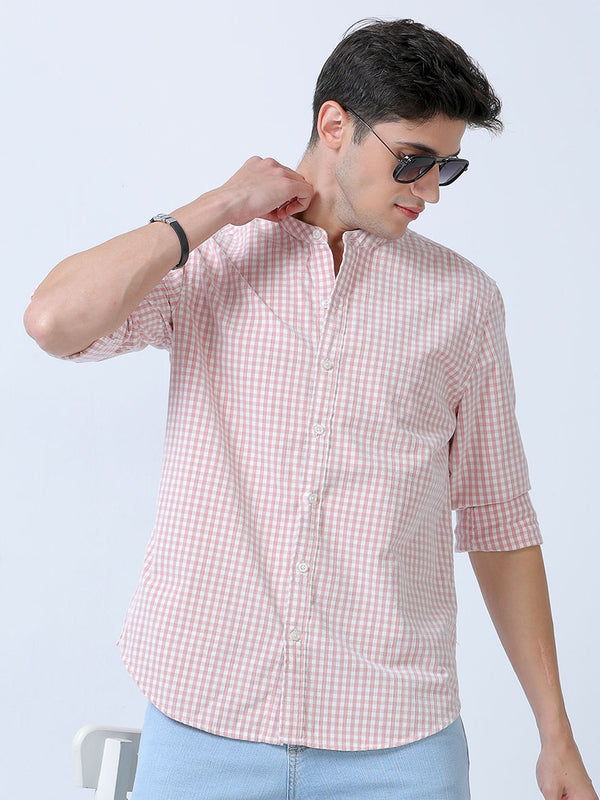 Men's Pink Corduroy Mandarin Collar Checks Shirt