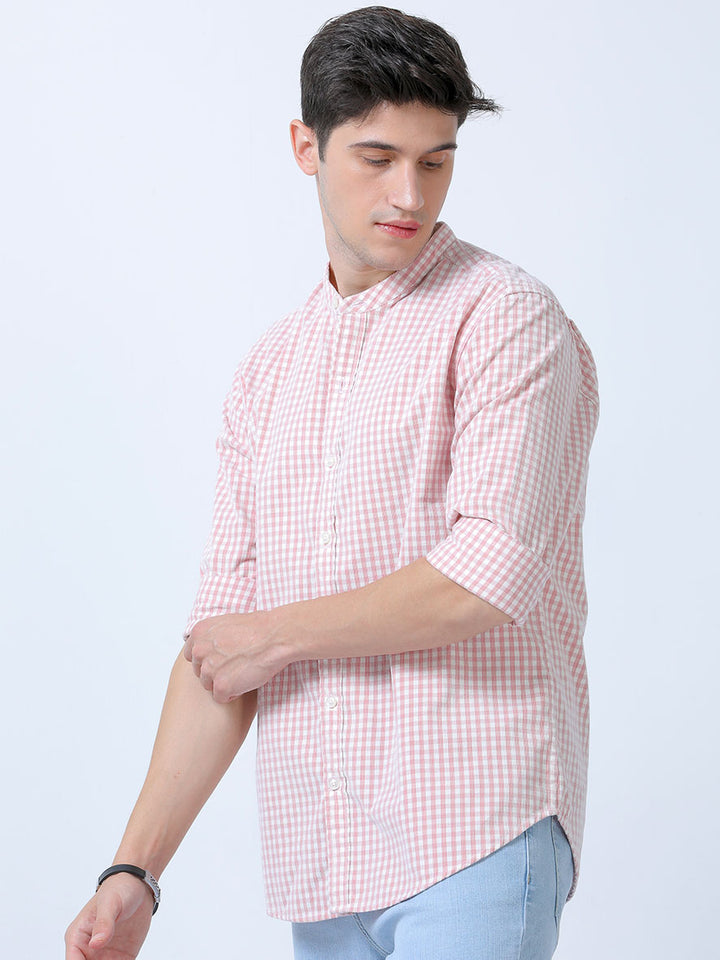 Trending Men's Pink Corduroy Mandarin Collar Checks Shirt