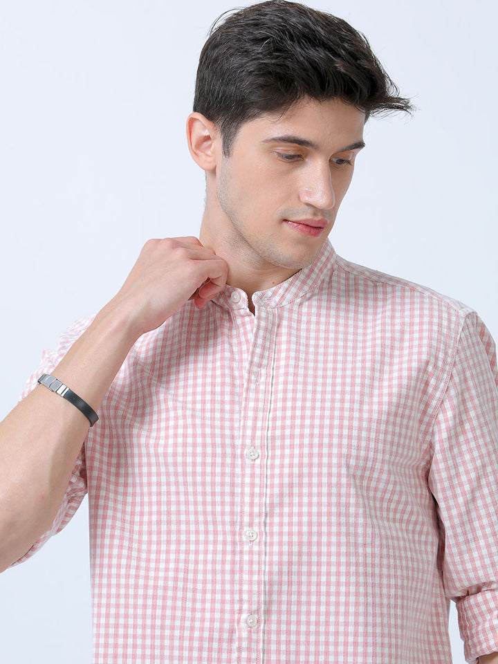 Modern Men's Pink Corduroy Mandarin Collar Checks Shirt