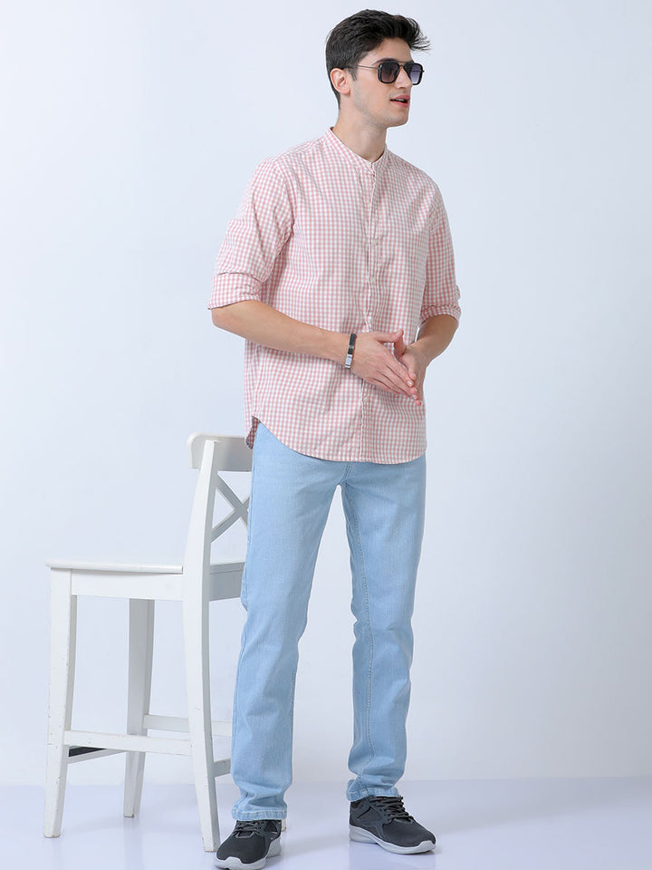 Pink Corduroy Mandarin Collar Checks Shirt For Men's