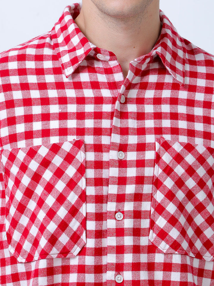 Men's Red Double Pocket Brushed Checks Shirt