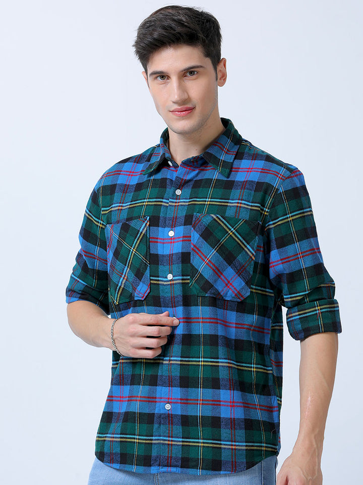 Blue Double Pocket Brushed Checks Shirt For Men's