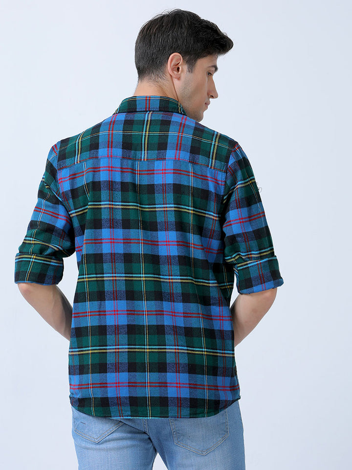 Casual Blue Double Pocket Brushed Checks Shirt For Men's