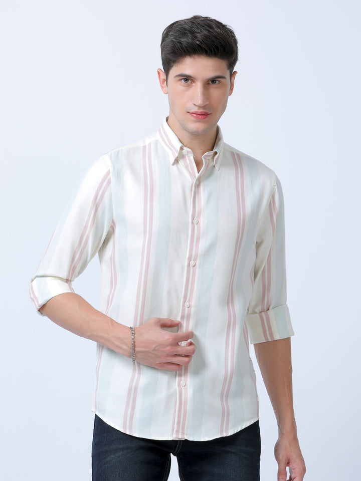 Casual Sugar Cane-Peach Stripes Shirt For Men's