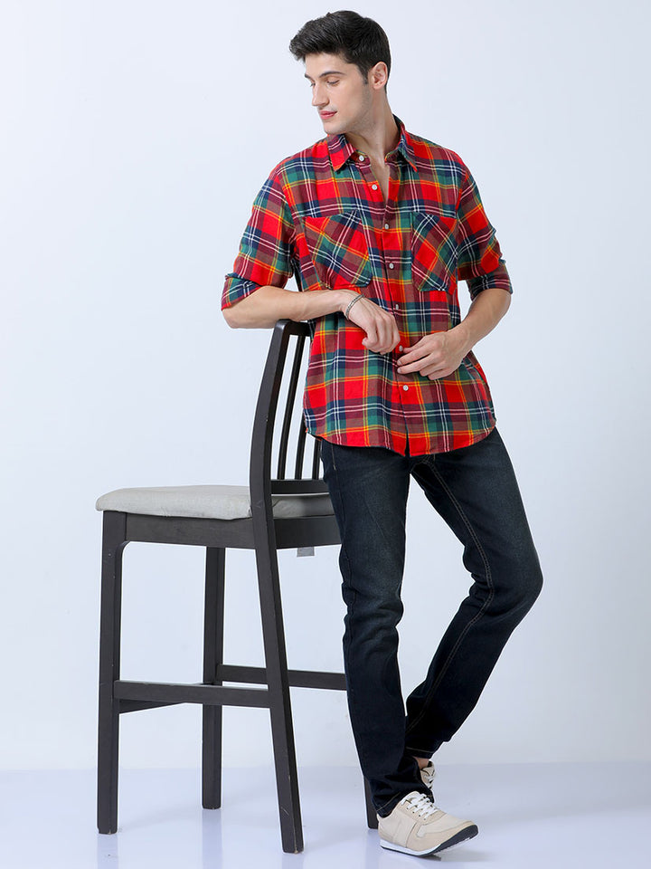 Casual Red Double Pocket Brushed Checks Shirt For Men's