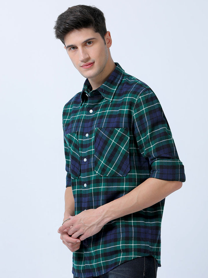 Casual Navy-Green Double Pocket Brushed Checks Shirt For Men's
