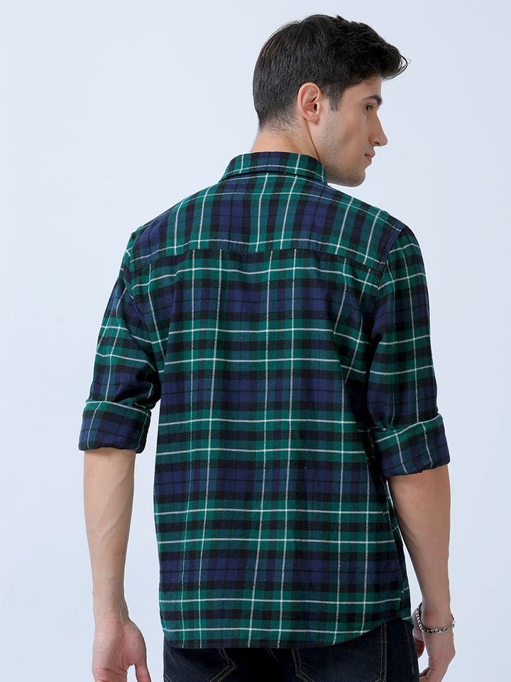 Navy-Green Double Pocket Brushed Checks Shirt For Men's