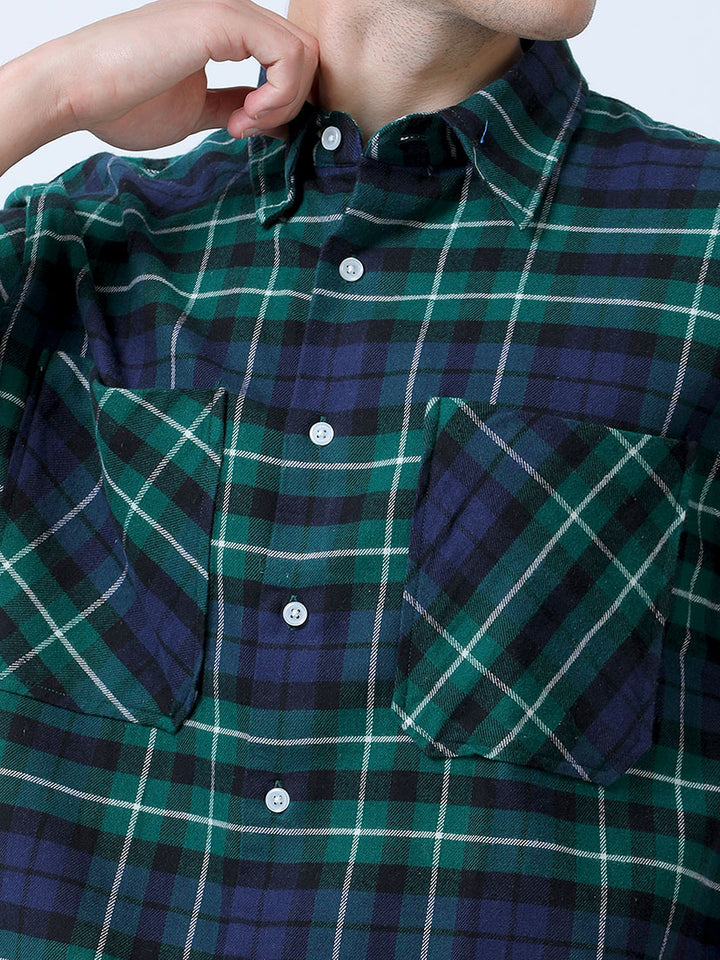 Men's Navy-Green Double Pocket Brushed Checks Shirt